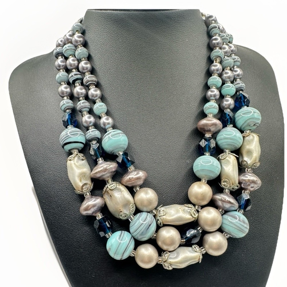 Vintage Necklace JAPAN 3 Strand Beaded Blue Faux Pearl Bib Blue & Gray 15.5 READ